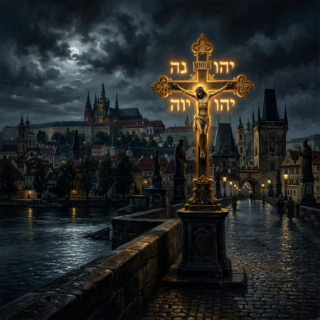 Hebrejský nápis na kříži Karlova mostu